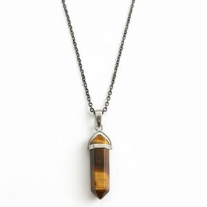 925 Sterling Silver Tiger’s Eye Hexagonal Crystal Point Pendant Necklace